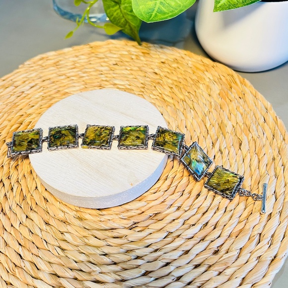 Vintage Abalone Shell Panel Link Bracelet with Silver Tone Toggle Close. - Picture 4 of 15